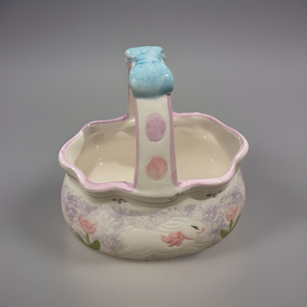 Vintage Ceramic Small Easter Basket Decor Pastels Bunny Hand Painted detailed